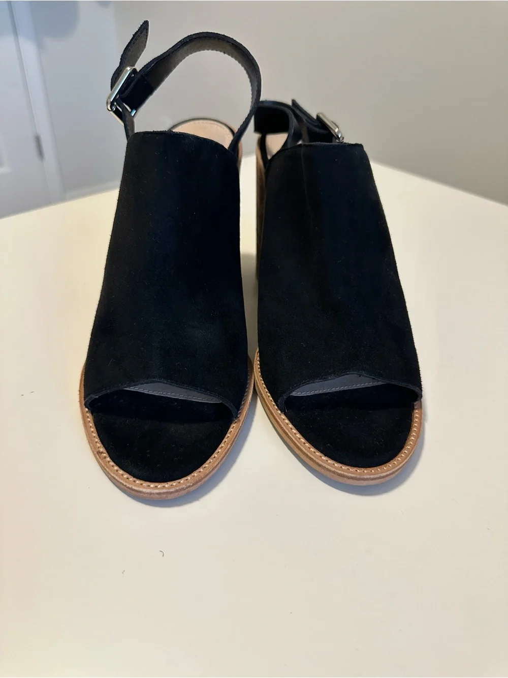Steven Madden Black Suede Peep Toe Slingback Heels | Wood Block Heels | - Picture 4 of 14
